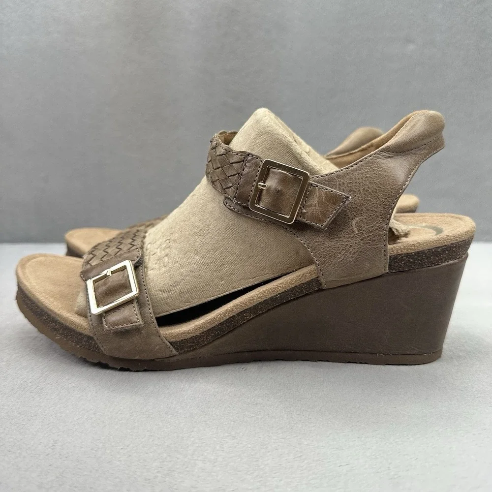 Womens 10.5-11 Aetrex Grace Adjustable Woven Wedge Taupe Leather Braided Sandals